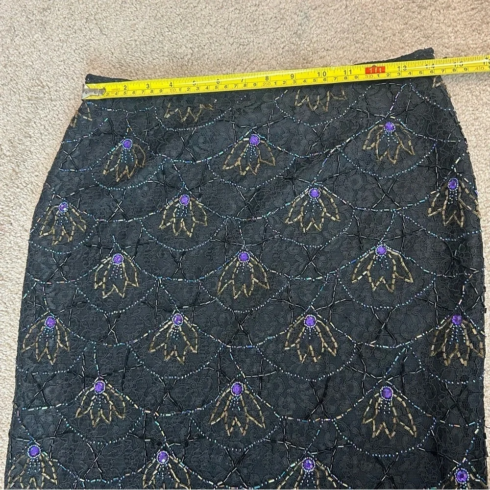 Press & Bastyan black purple beaded lace midi pencil skirt Sz 10